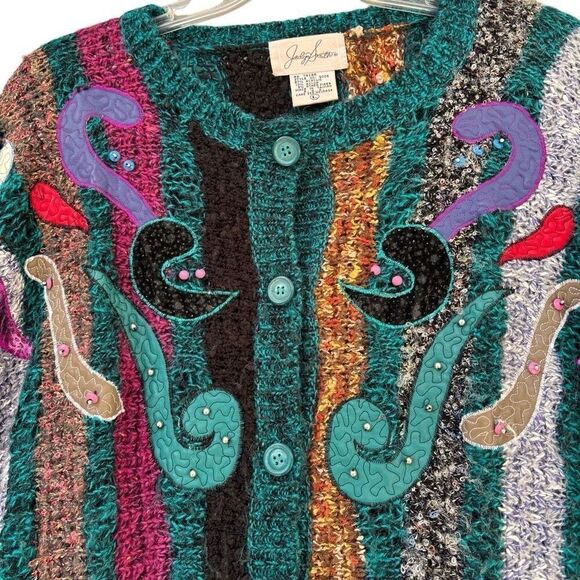 Jaclyn Smith Vtg 90s MultiColor Wild Pattern Embellished Cardigan Sweater Medium - Picture 2 of 8